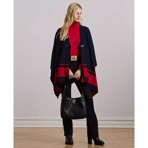 Lauren Ralph Lauren Intarsia Knit Two Tone Poncho Navy Blue Red Toggle Sz L/XL - Picture 1 of 16